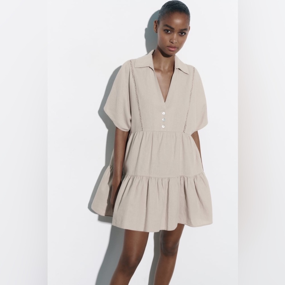 Zara LACE TRIM LINEN Blend MINI Dress Sand ZARA,  NWT , RARE❗️Size : S